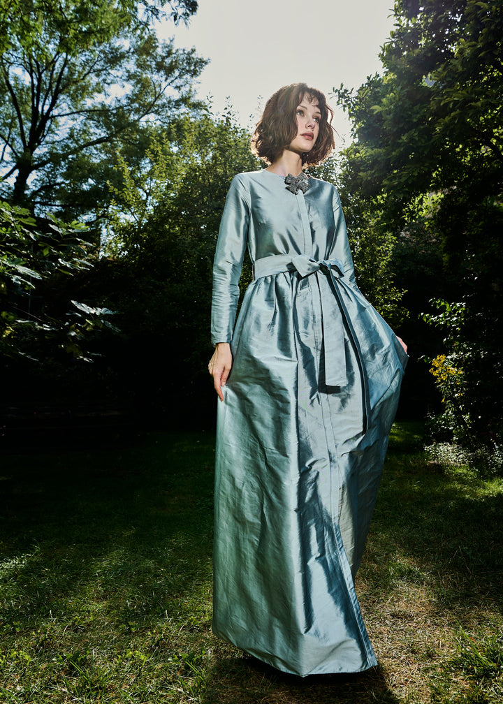 TAFFETA PRINCESS GOWN WITH CRYSTAL BOW LIGHT BLUE