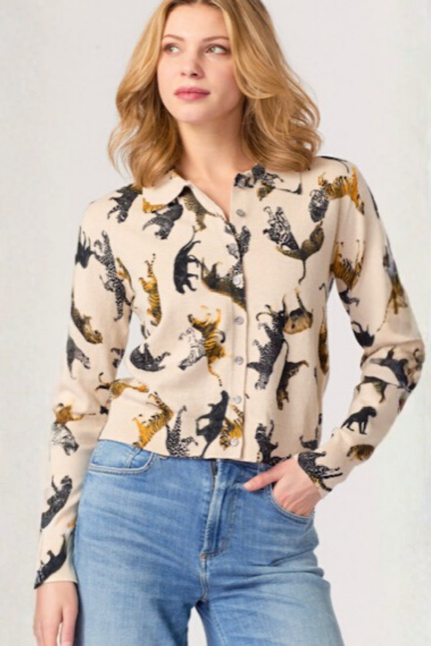 Tiger Button Down Front Sweater Shirt Latte