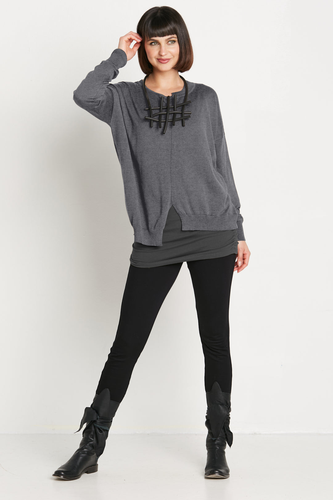 Pima Cotton Cutout Crewneck Sweater in Asphalt