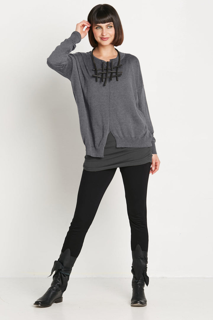 Pima Cotton Cutout Crewneck Sweater in Asphalt