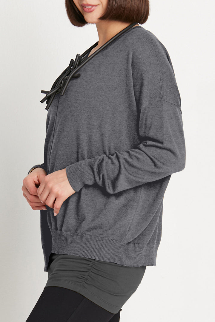 Pima Cotton Cutout Crewneck Sweater in Asphalt
