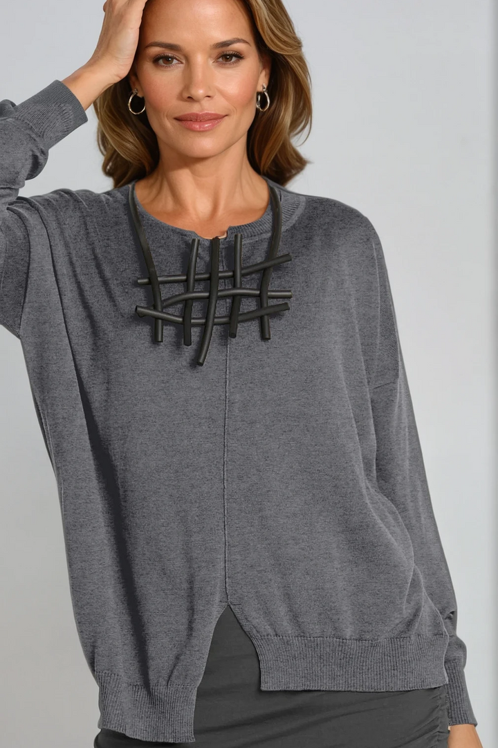 Pima Cotton Cutout Crewneck Sweater in Asphalt