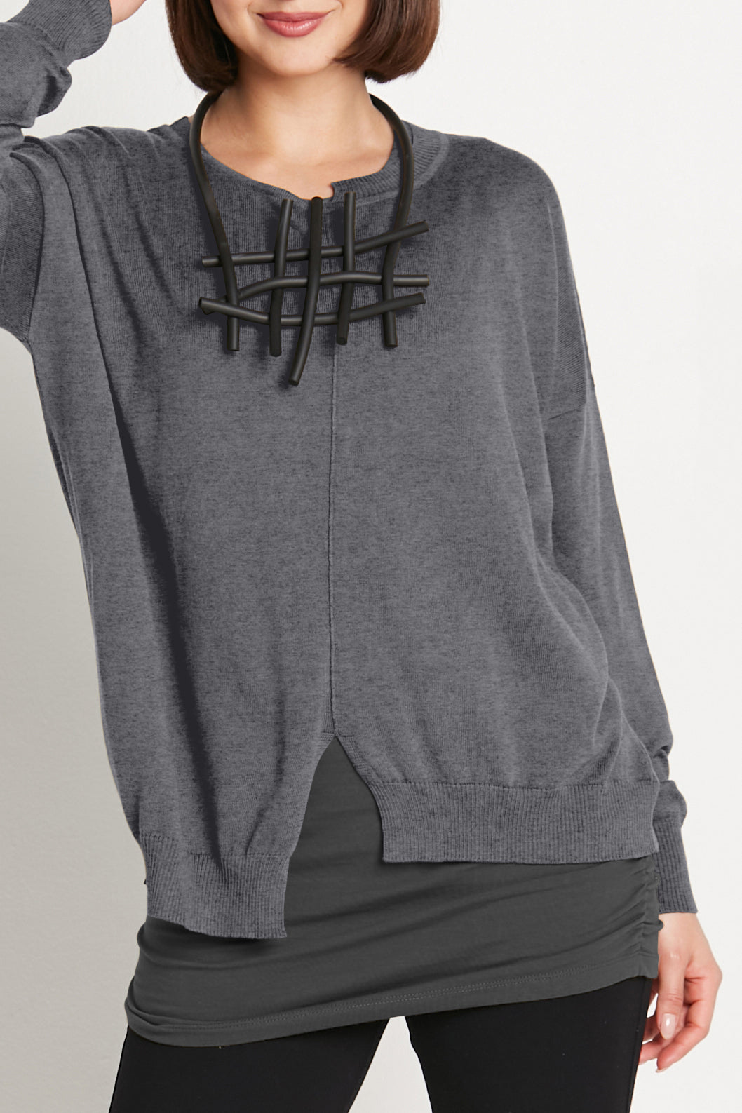 Pima Cotton Cutout Crewneck Sweater in Asphalt