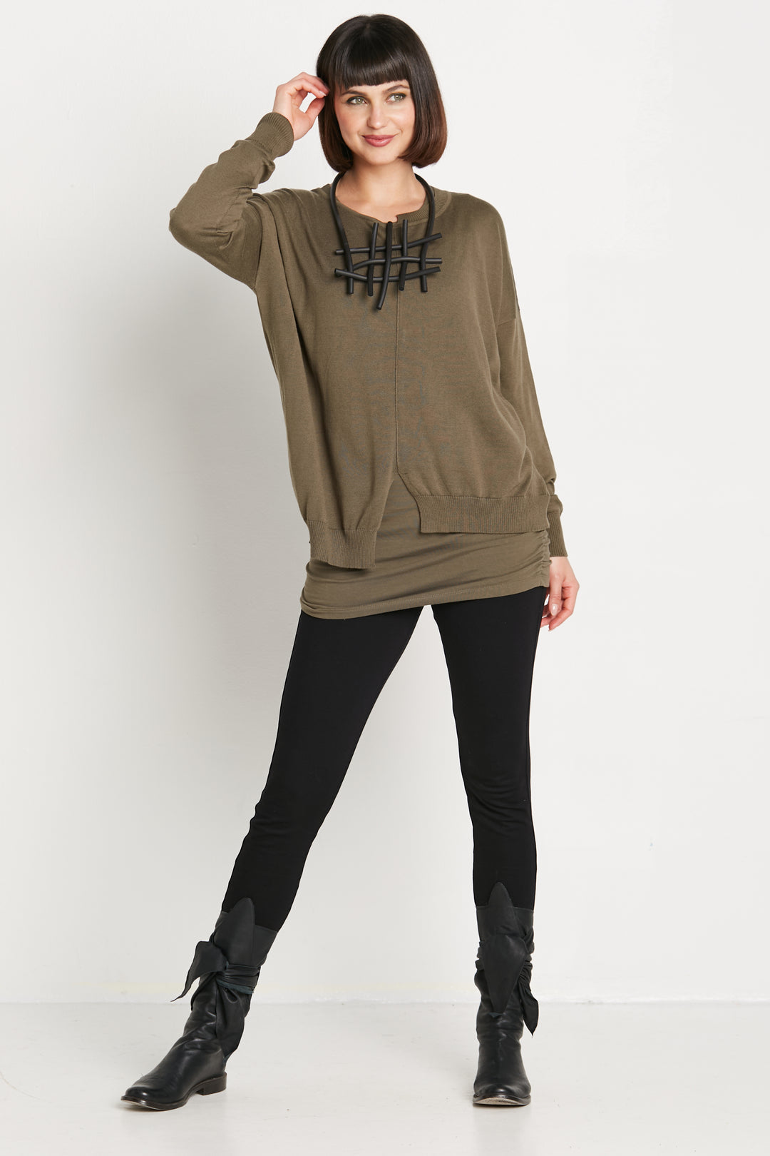 Pima Cotton Cutout Crewneck Sweater in Loden