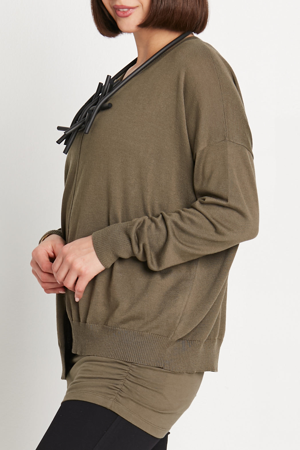 Pima Cotton Cutout Crewneck Sweater in Loden