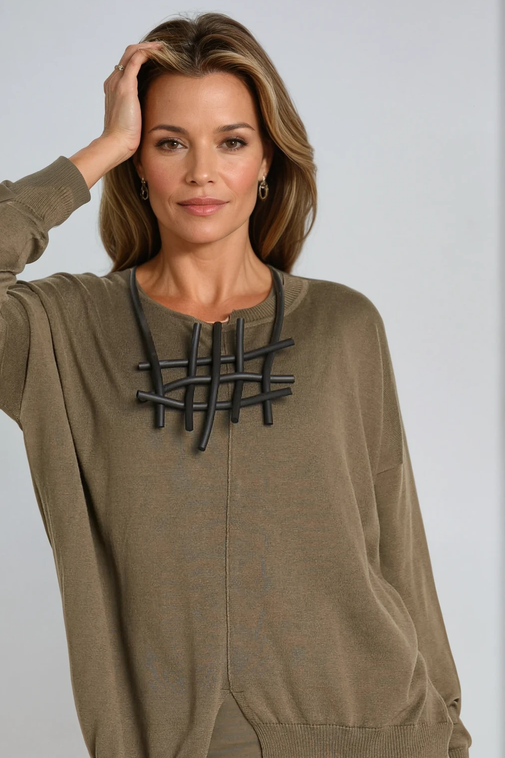 Pima Cotton Cutout Crewneck Sweater in Loden