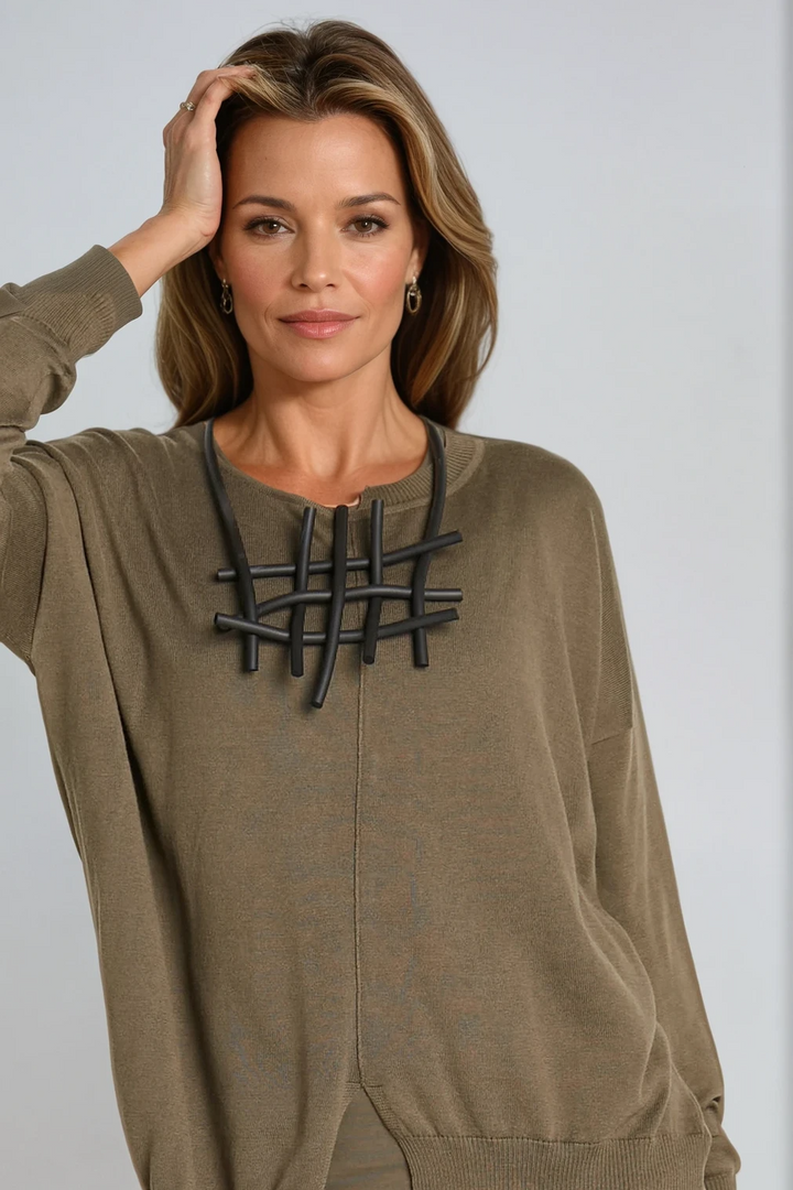 Pima Cotton Cutout Crewneck Sweater in Loden