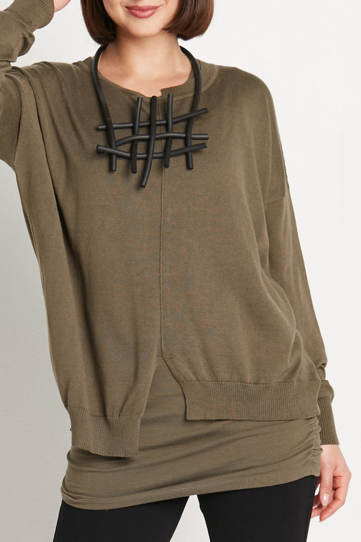 Pima Cotton Cutout Crewneck Sweater in Loden