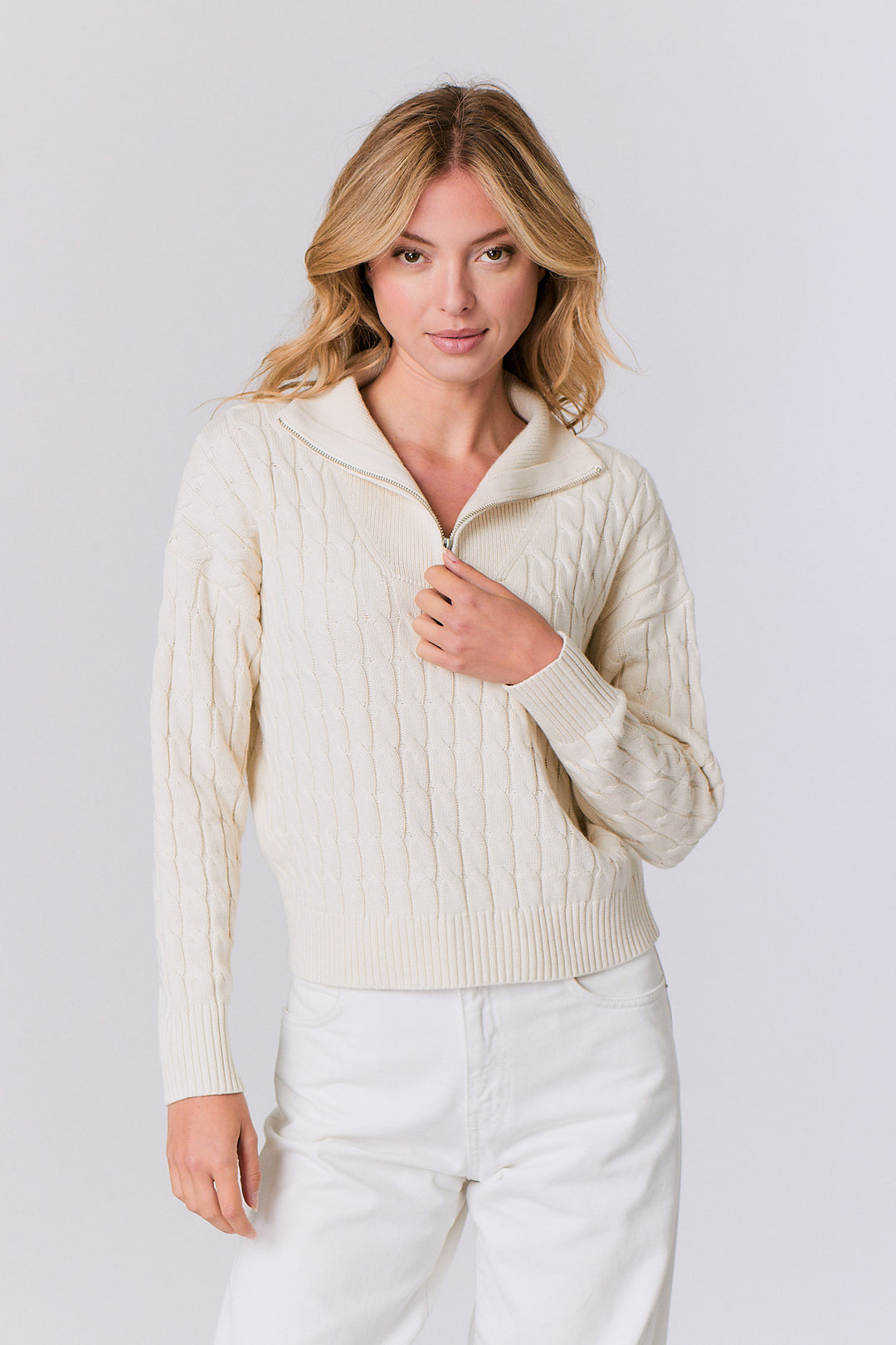 Half Zip Cable Sweater in Vanilla