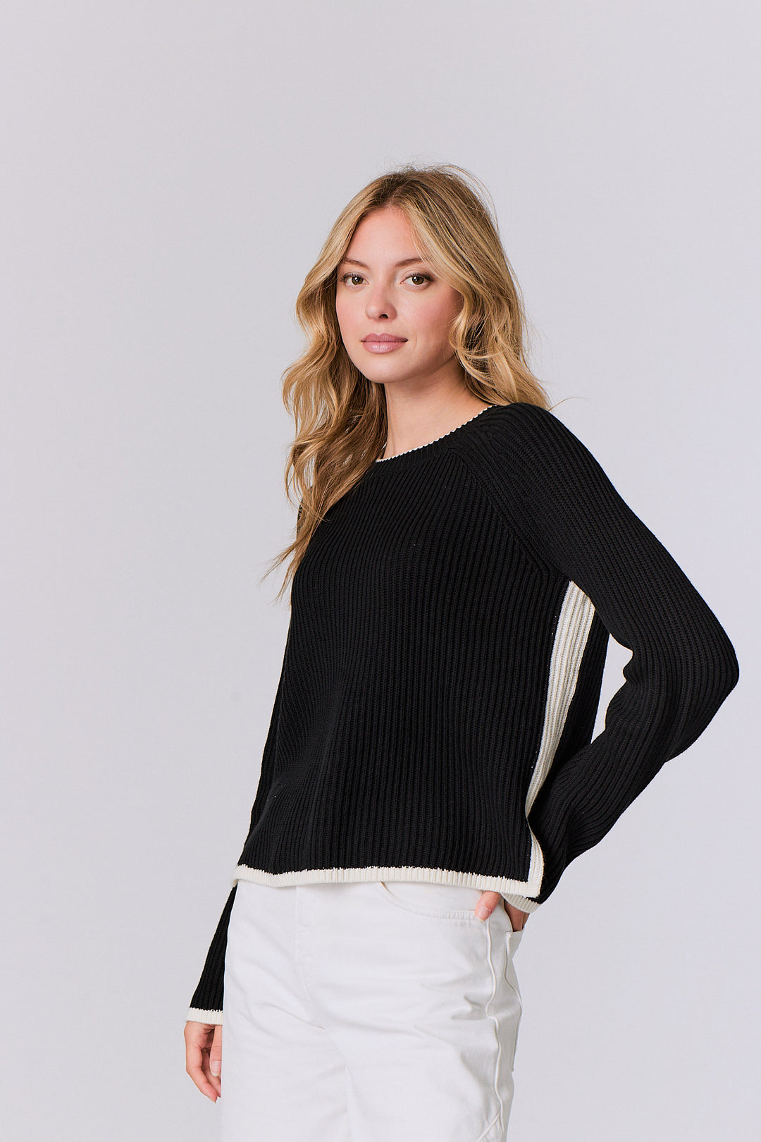 Contrast Trim Crew in Black Ivory