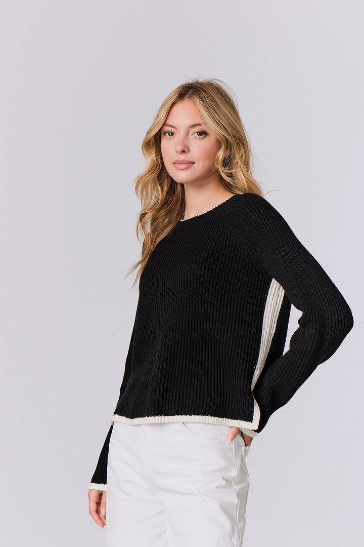 Contrast Trim Crew in Black Ivory
