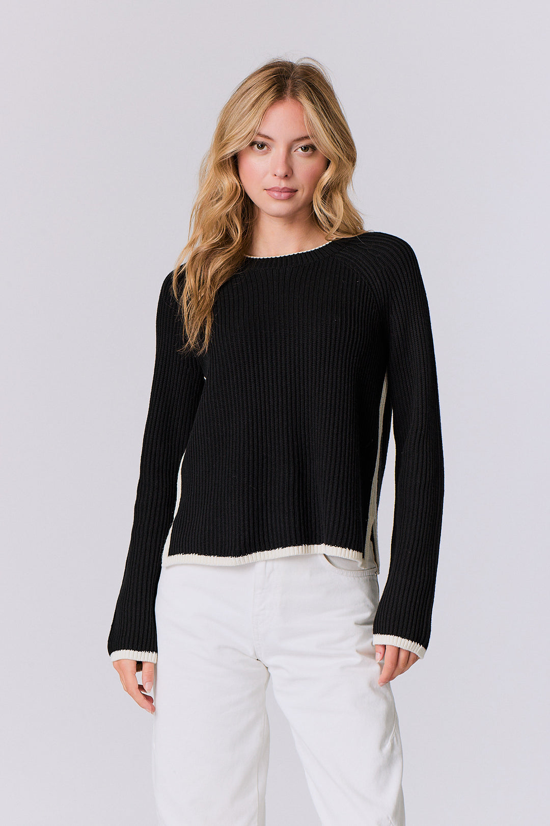 Contrast Trim Crew in Black Ivory