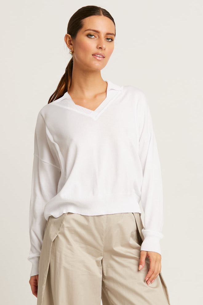 Pima Cotton Preppy V Neck Sweater in White