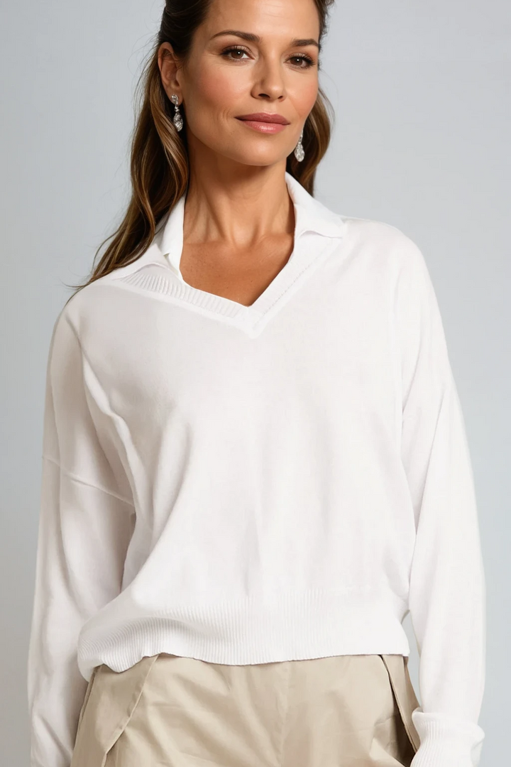 Pima Cotton Preppy V Neck Sweater in White