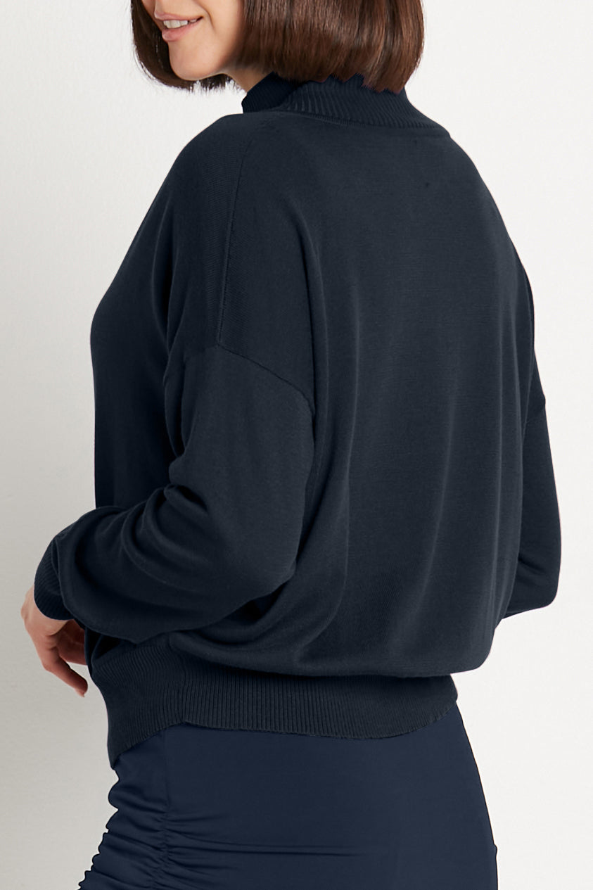 Pima Cotton Preppy V Neck Sweater in Midnight
