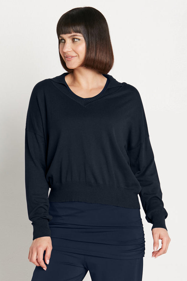 Pima Cotton Preppy V Neck Sweater in Midnight