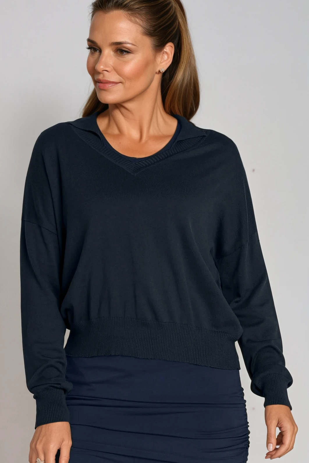 Pima Cotton Preppy V Neck Sweater in Midnight