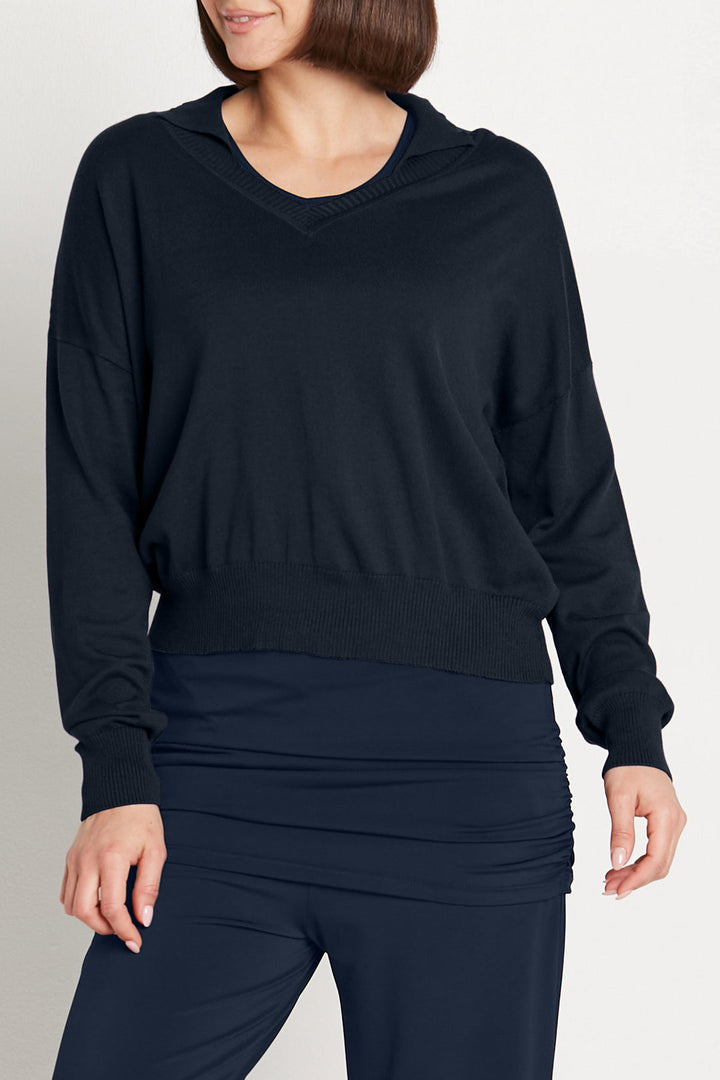 Pima Cotton Preppy V Neck Sweater in Midnight