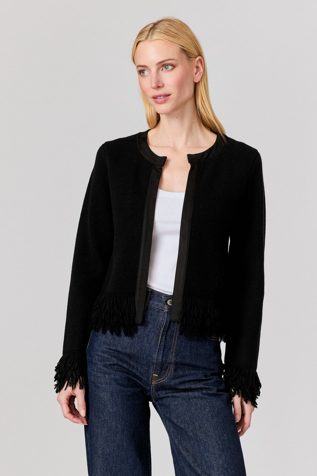 Suede Fringe Cardigan Black-SWEATERS-J SOCIETY-Just Perfect Collection