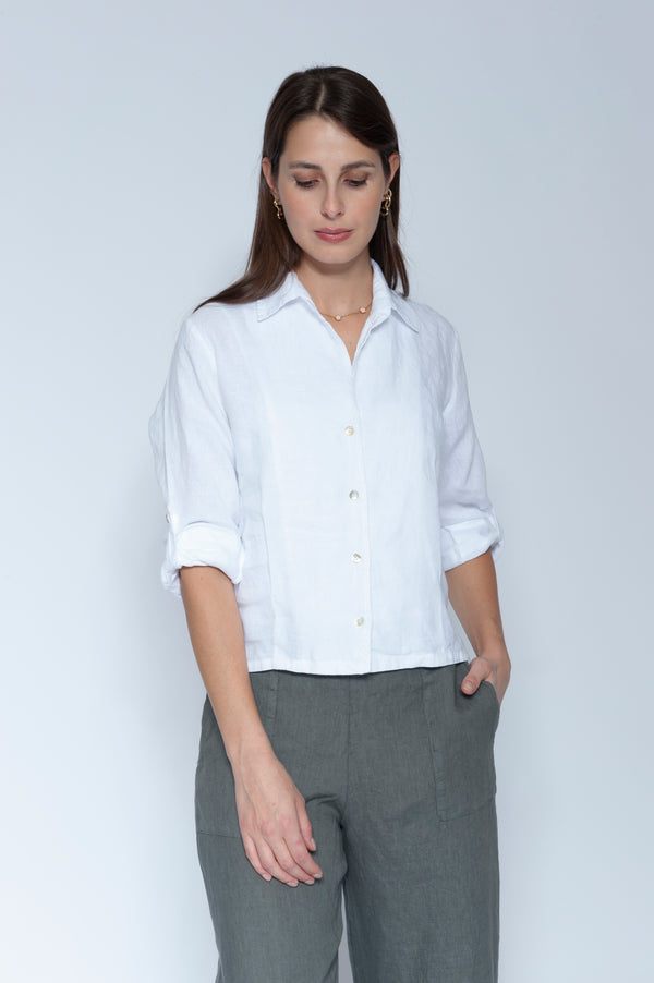 Pleated Waist Linen Shirt White
