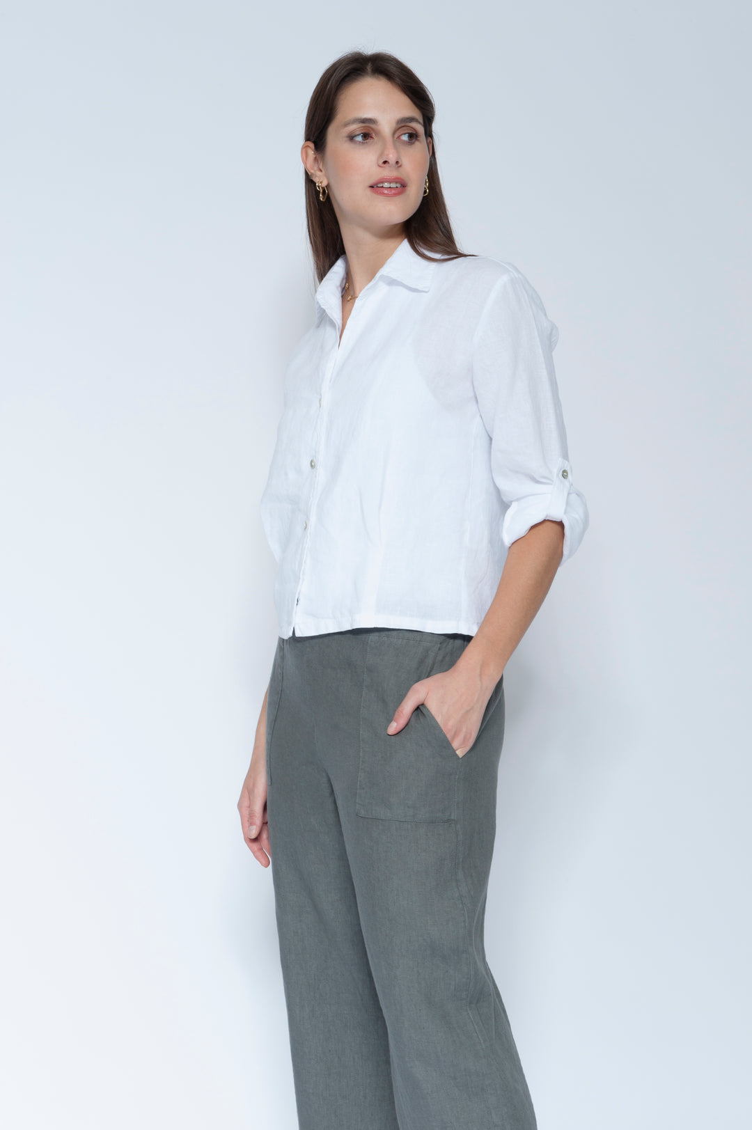 Pleated Waist Linen Shirt White