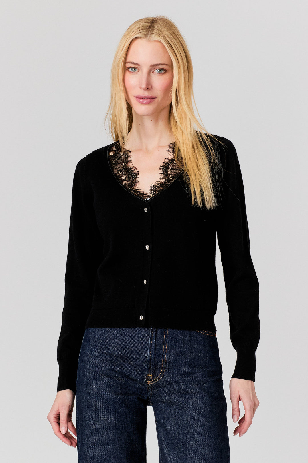Lace Trim Cardigan Black-SWEATERS-J SOCIETY-Just Perfect Collection