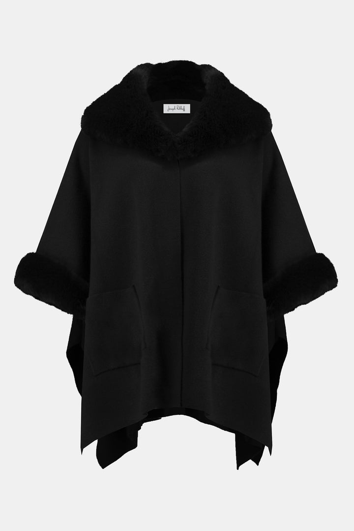Brushed Jacquard and Faux Fur Cape Black
