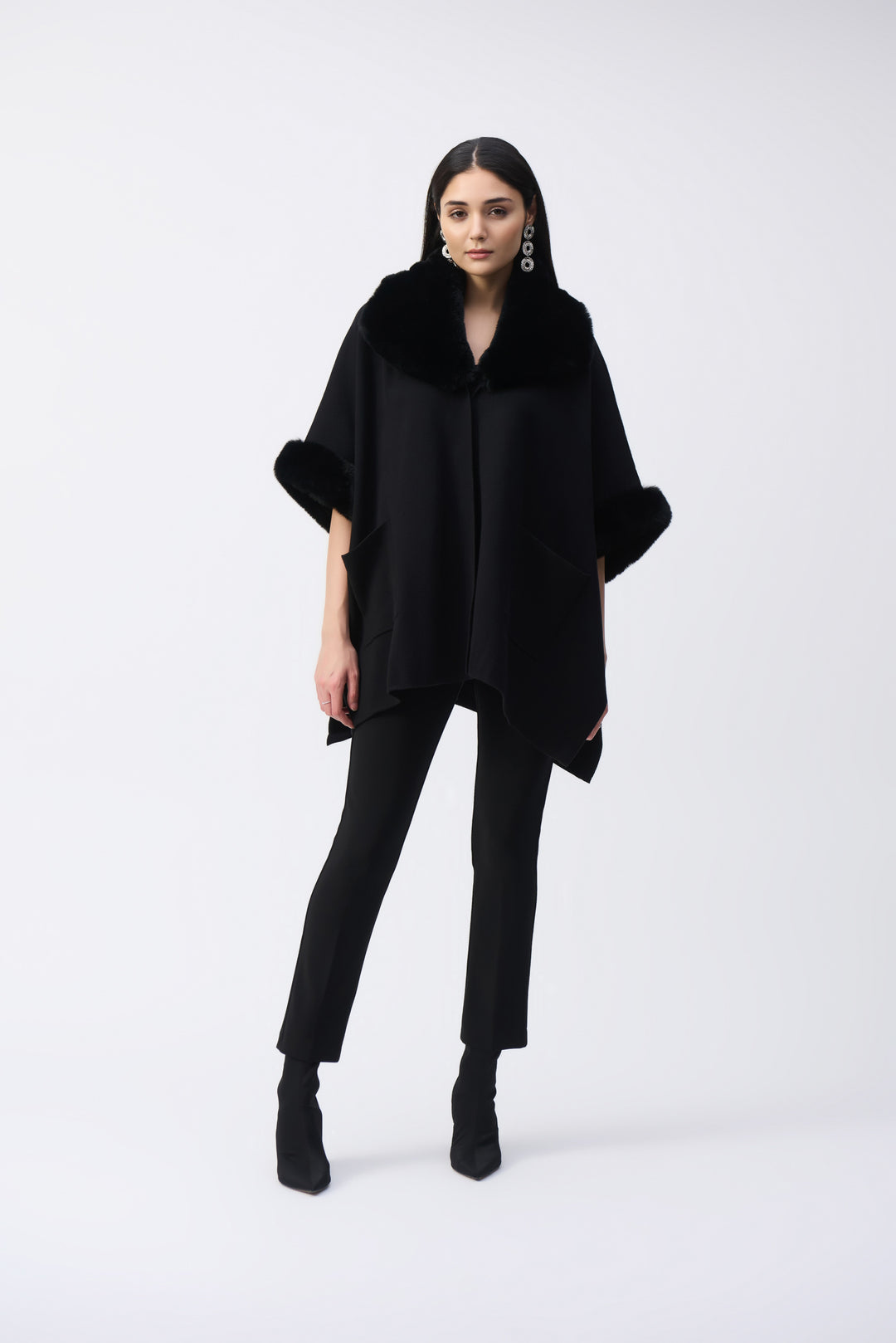 Brushed Jacquard and Faux Fur Cape Black