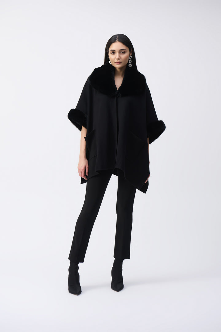 Brushed Jacquard and Faux Fur Cape Black