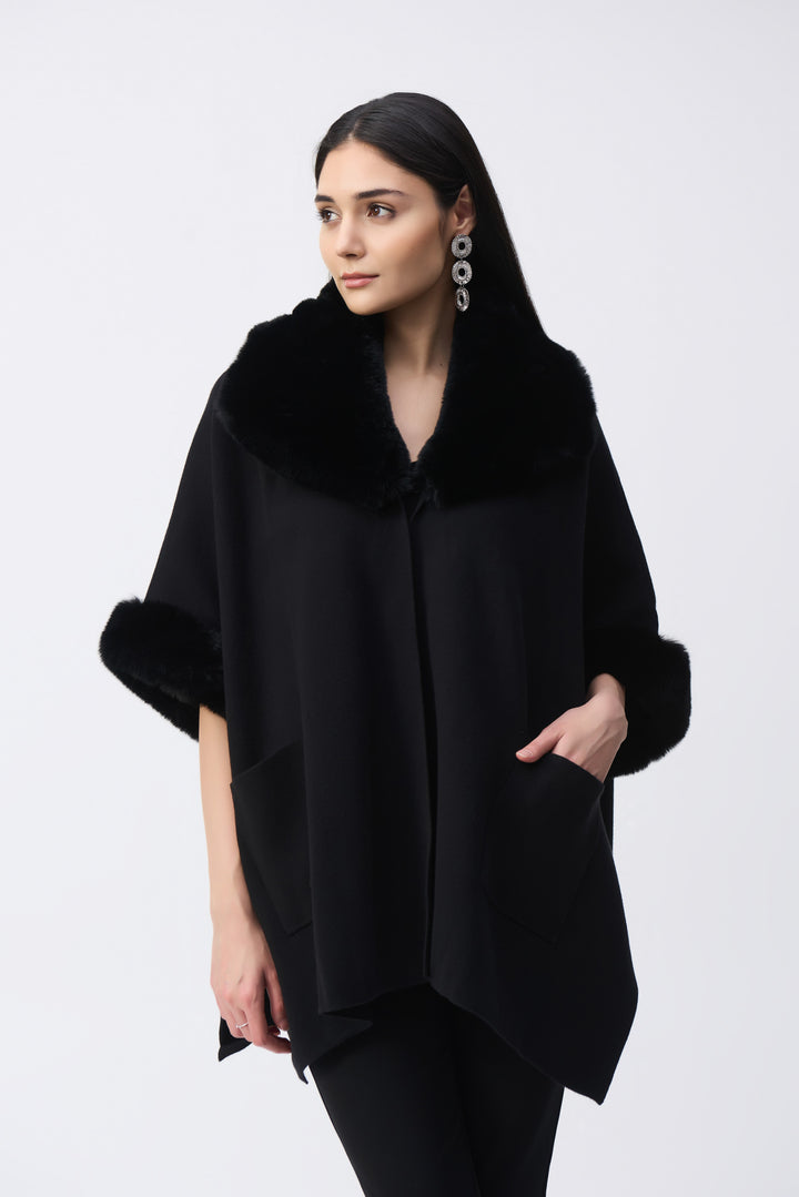 Brushed Jacquard and Faux Fur Cape Black
