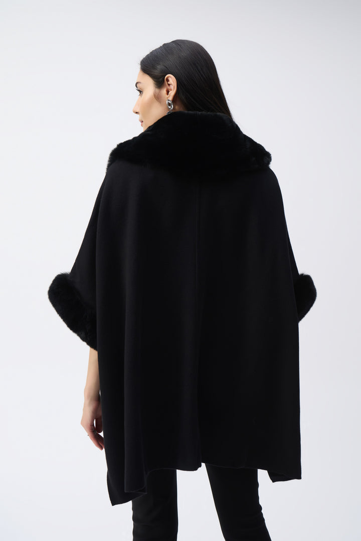 Brushed Jacquard and Faux Fur Cape Black