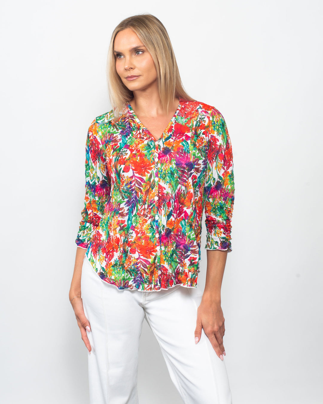 Printed Crinkle V Neck Button Shirt Botanical Hour