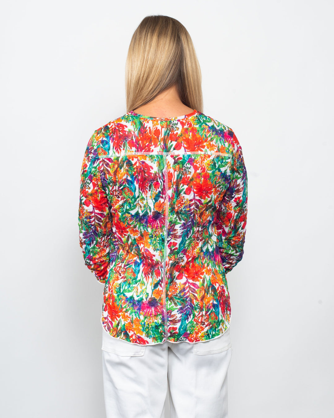 Printed Crinkle V Neck Button Shirt Botanical Hour