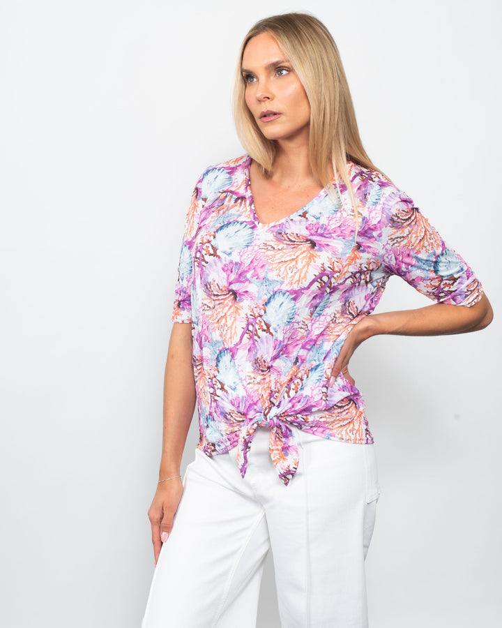 Printed Crinkle V Neck Tie Front Top Seascape