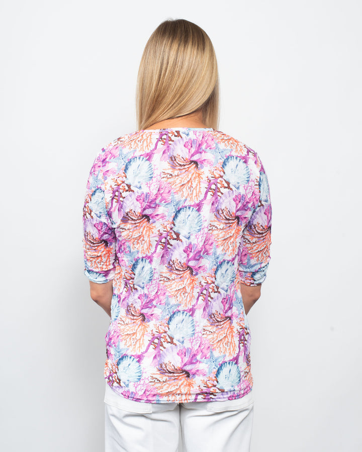 Printed Crinkle V Neck Tie Front Top Seascape
