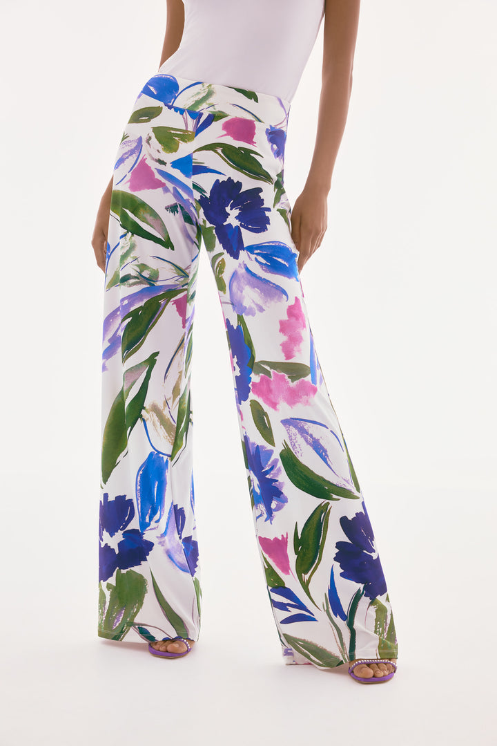 Silky Knit Floral Print Wide Leg Pants