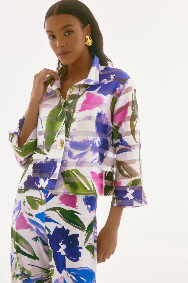 Shadow Stripe Floral Print Trapeze Jacket