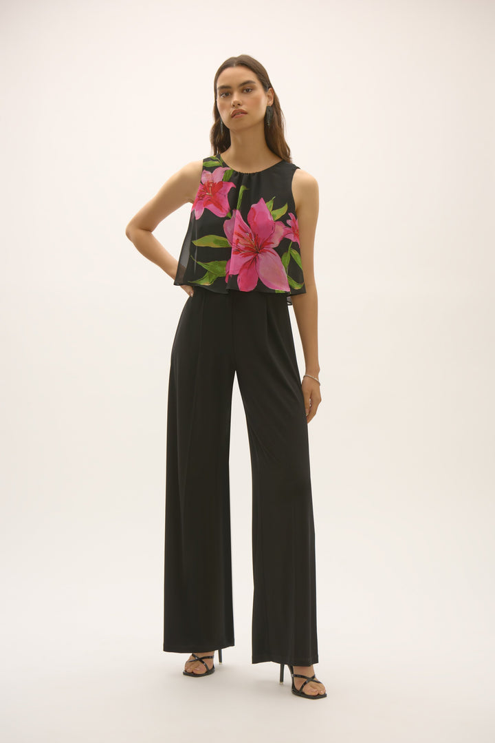 Silky Knit and Floral Chiffon Wide Leg Jumpsuit