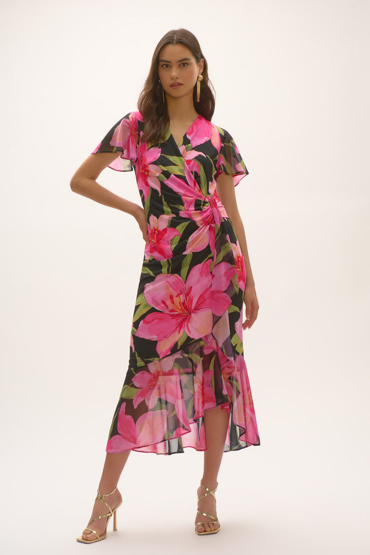 Silky Knit and Chiffon Floral Print Wrap Dress