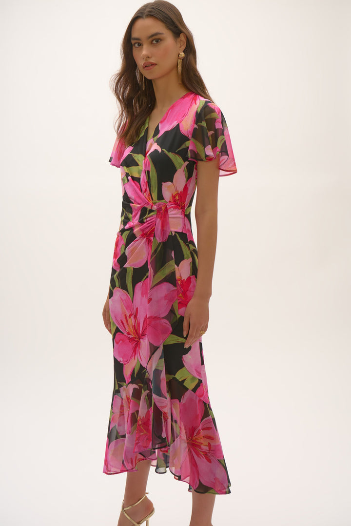 Silky Knit and Chiffon Floral Print Wrap Dress