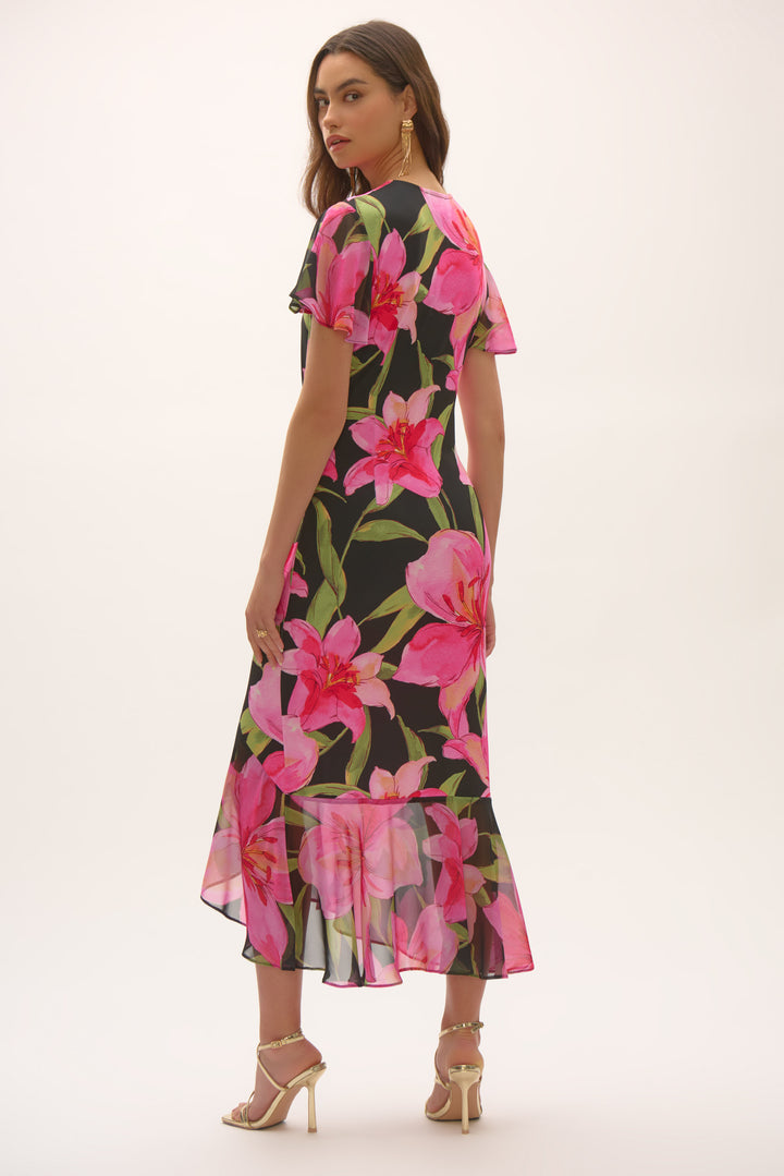 Silky Knit and Chiffon Floral Print Wrap Dress