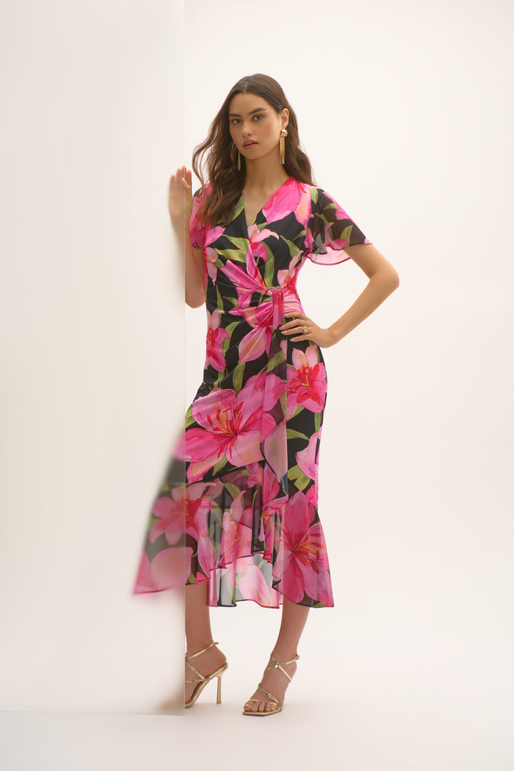 Silky Knit and Chiffon Floral Print Wrap Dress