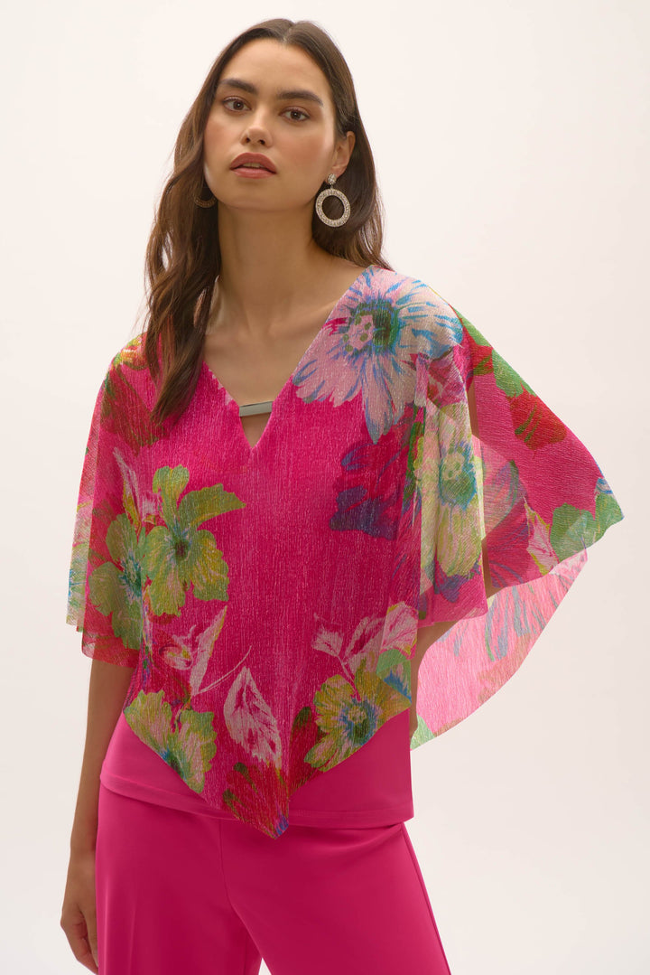 Metallic Pleated Knit Floral Print Poncho Top