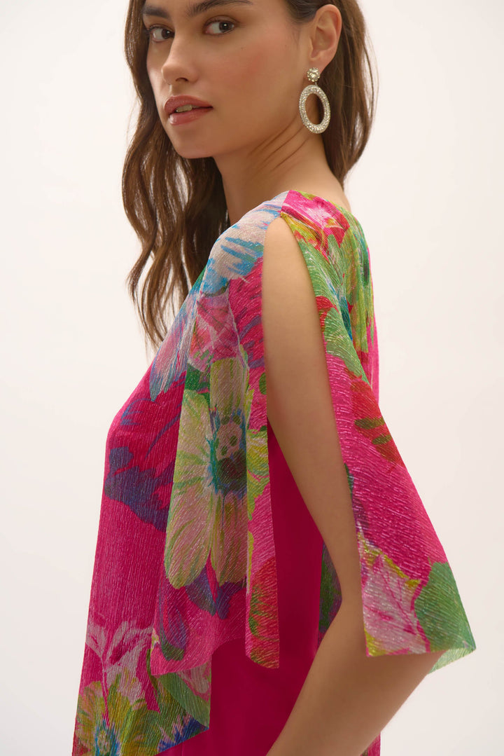 Metallic Pleated Knit Floral Print Poncho Top