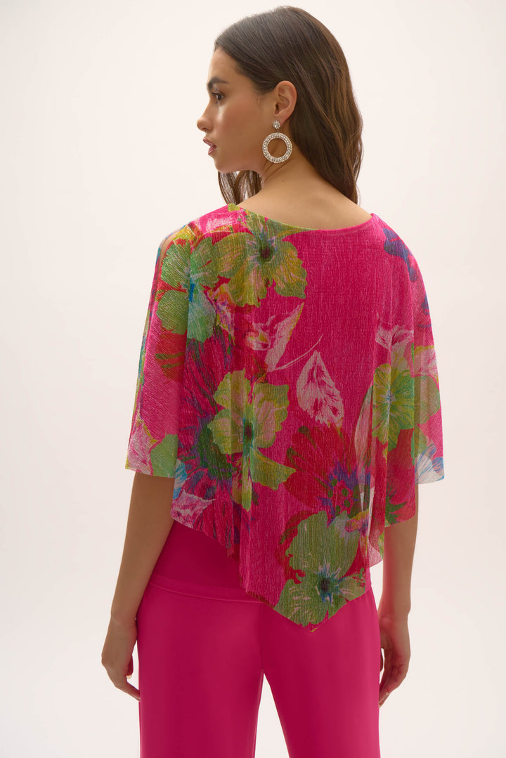 Metallic Pleated Knit Floral Print Poncho Top