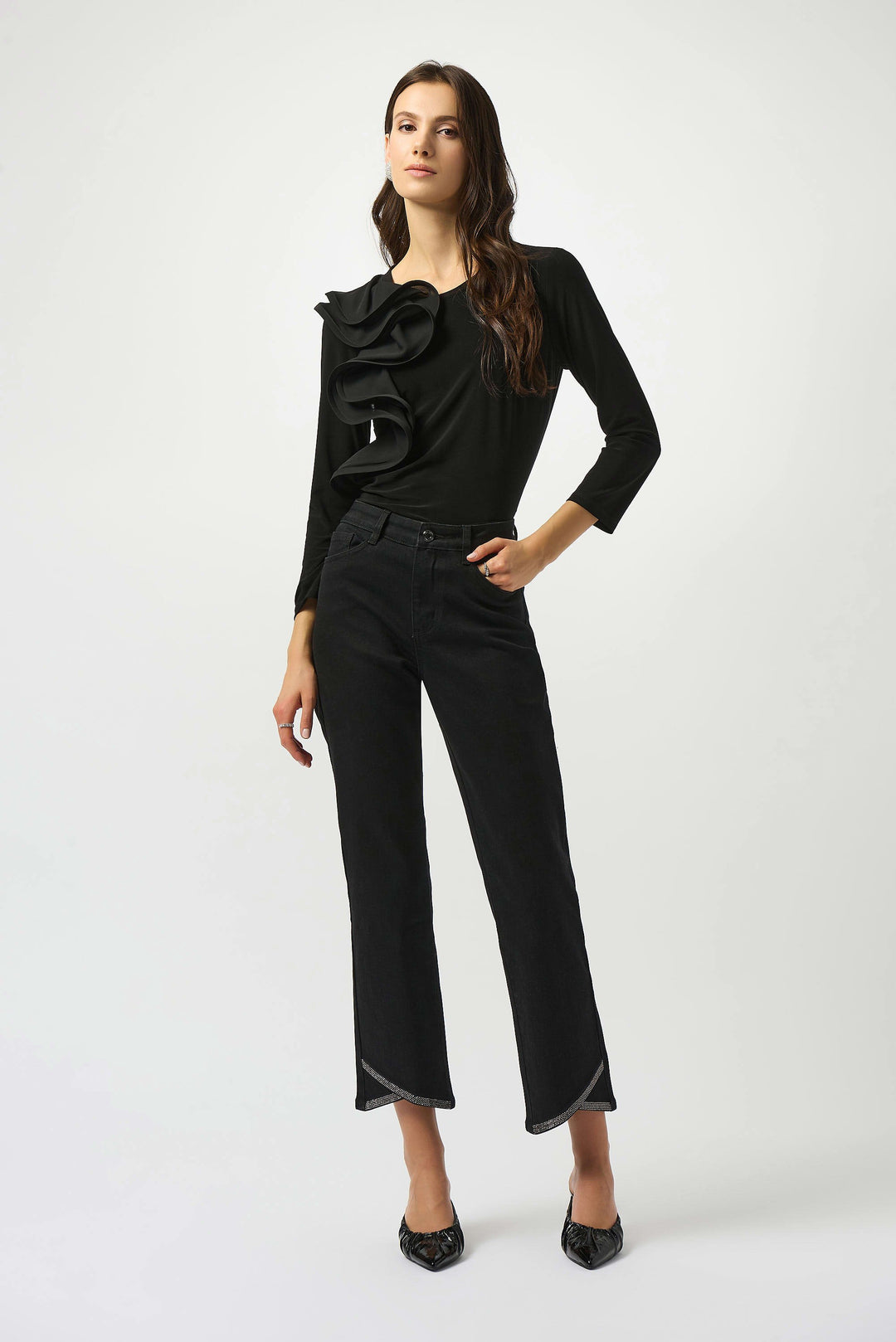 Silky Knit Fitted Ruffled Top in Black