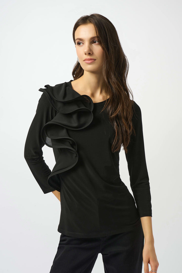 Silky Knit Fitted Ruffled Top in Black