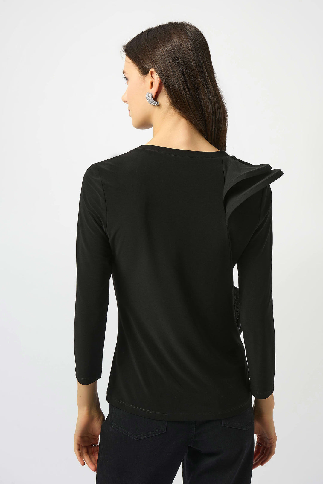 Silky Knit Fitted Ruffled Top in Black