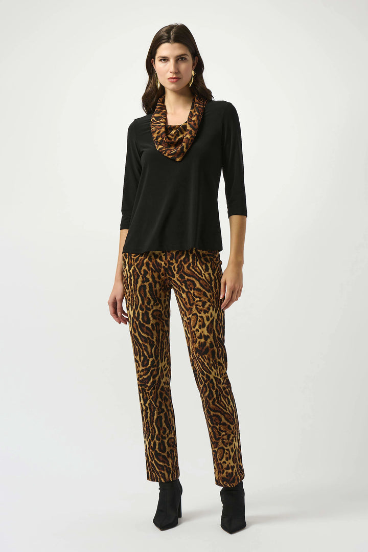 Silky Knit Fitted Top With Satin Animal Print Collar