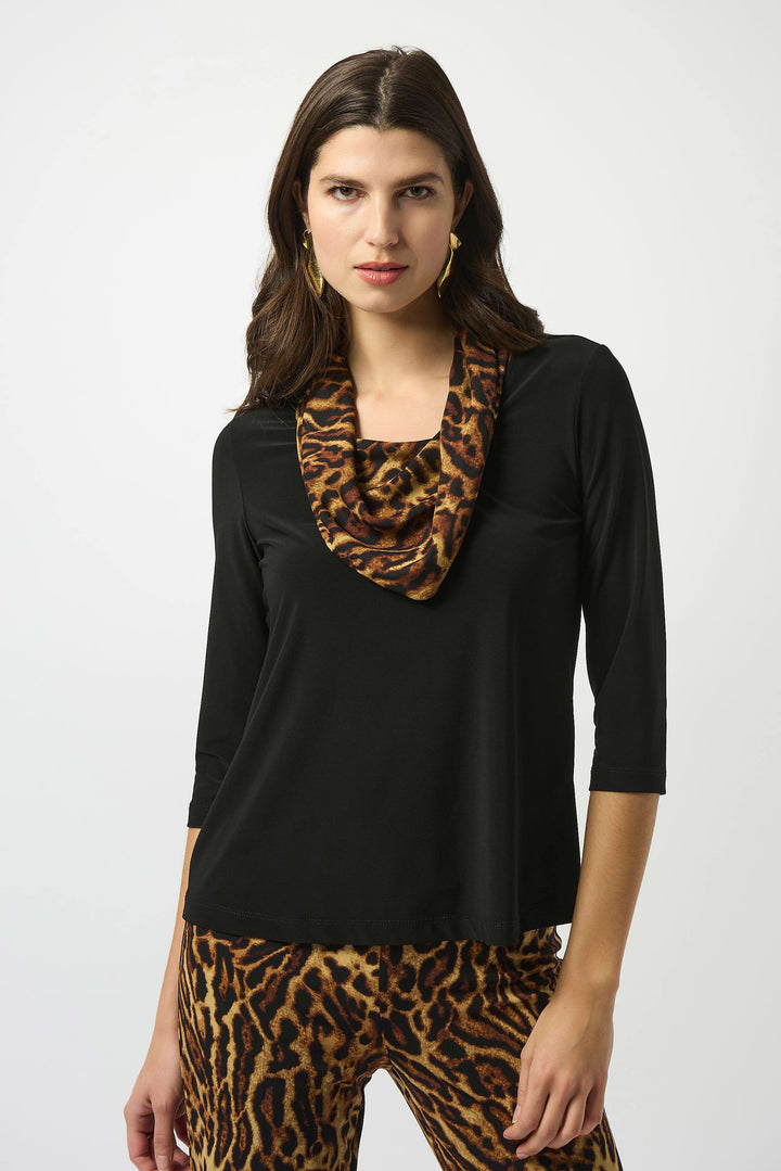 Silky Knit Fitted Top With Satin Animal Print Collar